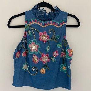 Sleeves Crop Top Embroidery Floral Denim